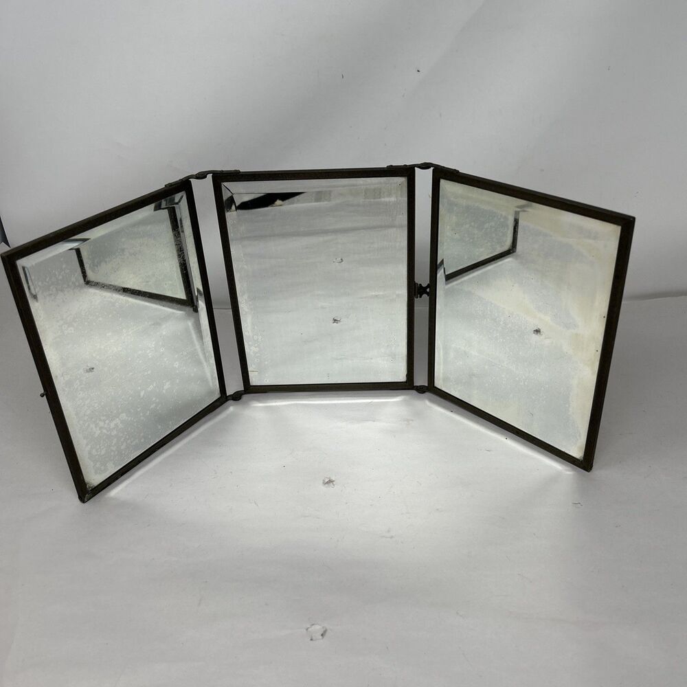 Vintage Antique Tri-Fold Vanity/Triptych Mirror w/Waterfall & Embossed Panels